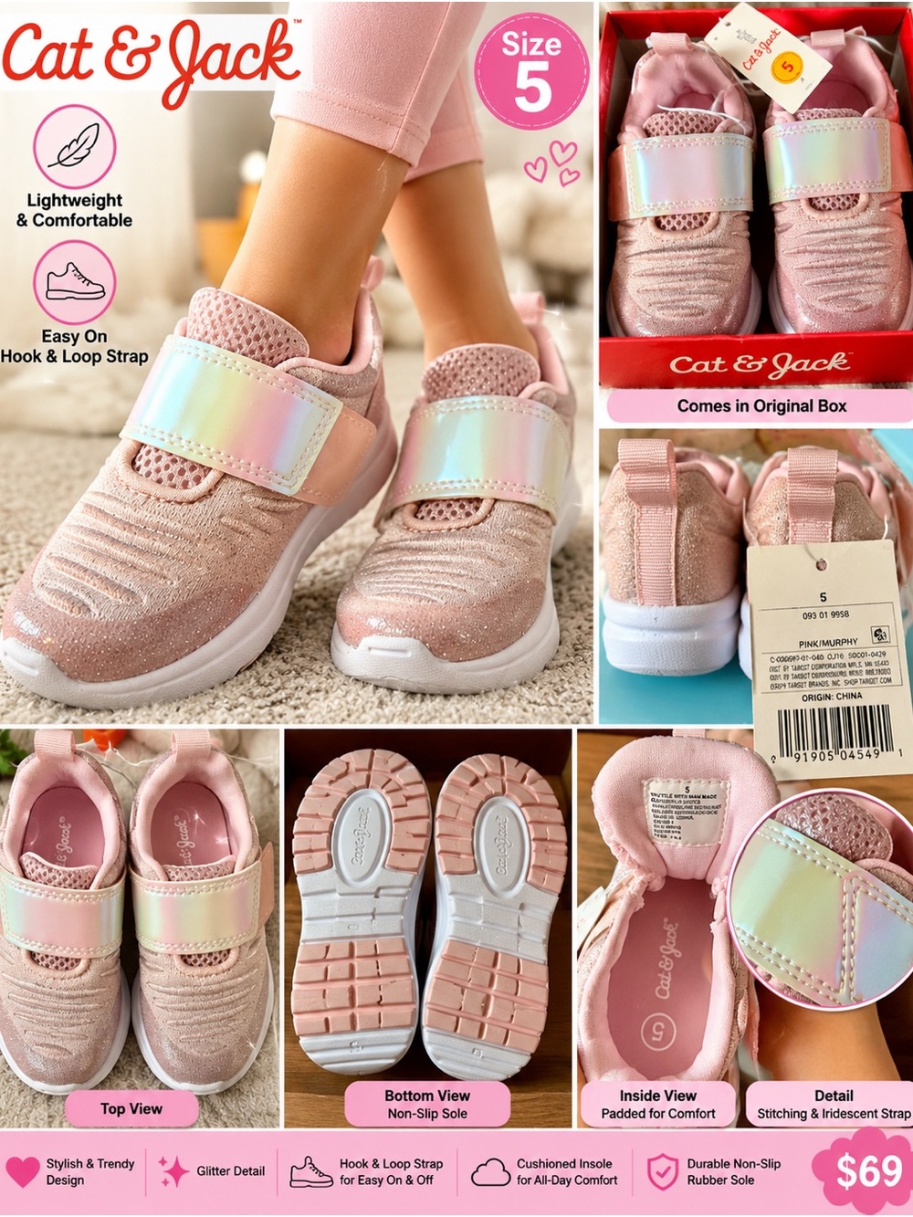 Cat & Jack Pink Glitter Sneakers with Iridescent Strap